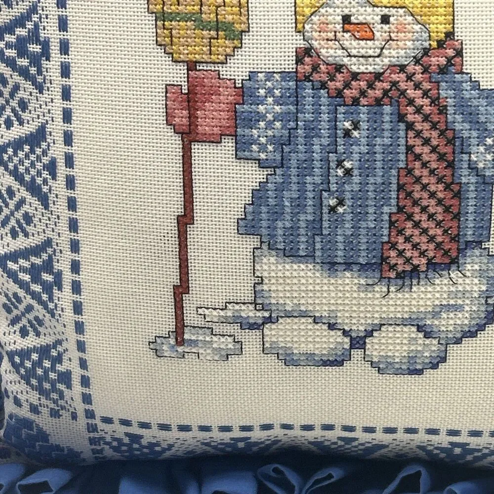 Vintage Handmade Snowman‎ With Broomstick Cross Stitch Throw Pillow EUC